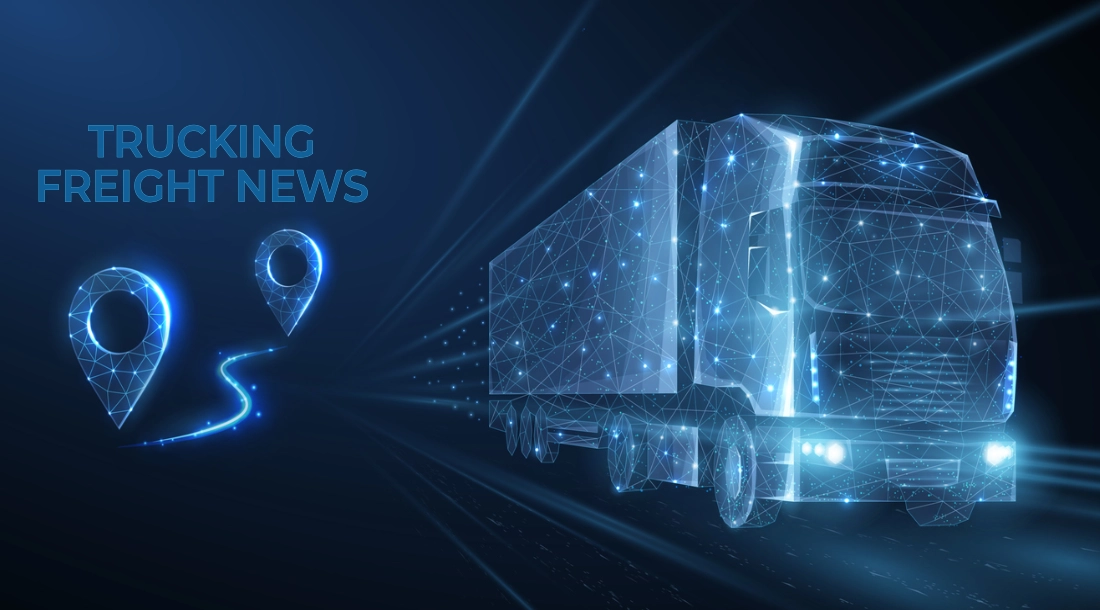 Trucking freight news headline adjacent to a futuristic, transparent freight truck with interconnected digital dots to represent a supply chain.